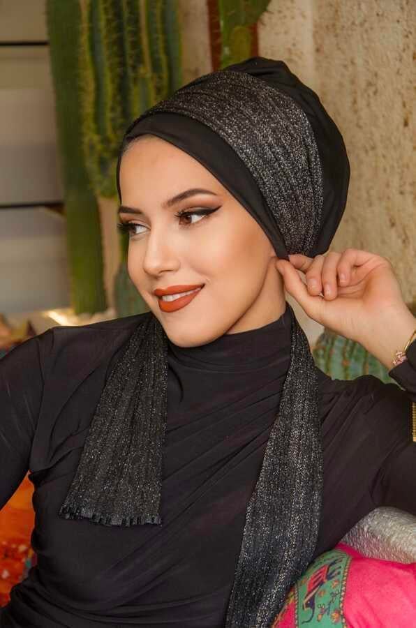 Siyah Gümüş Pilise Fularlı Bone