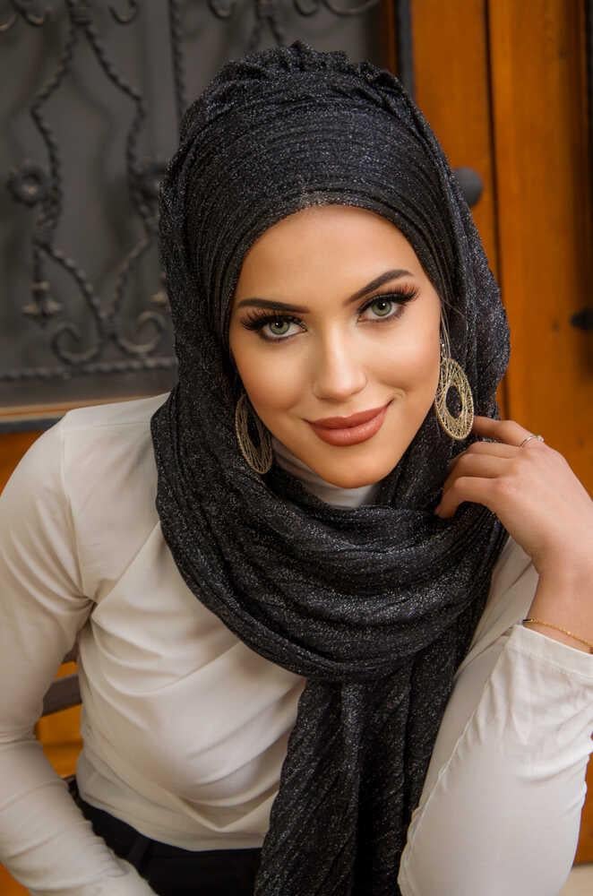 Siyah Gümüş Piliseli Drape Abiye Şal