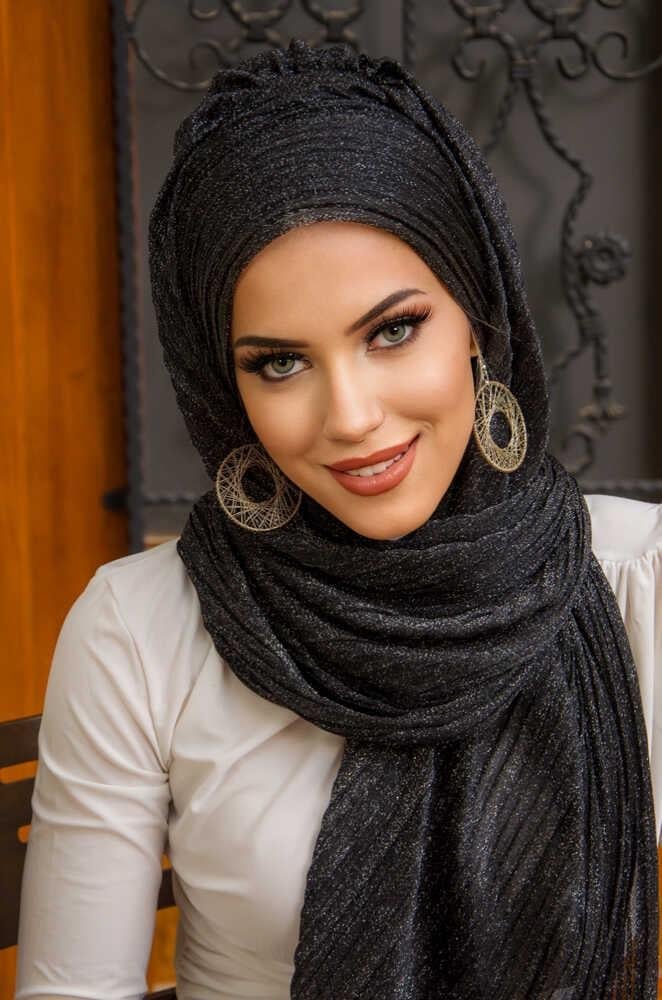 Siyah Gümüş Piliseli Drape Abiye Şal