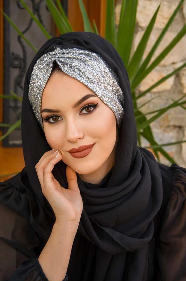 Siyah Gümüş Simli Abiye Şal