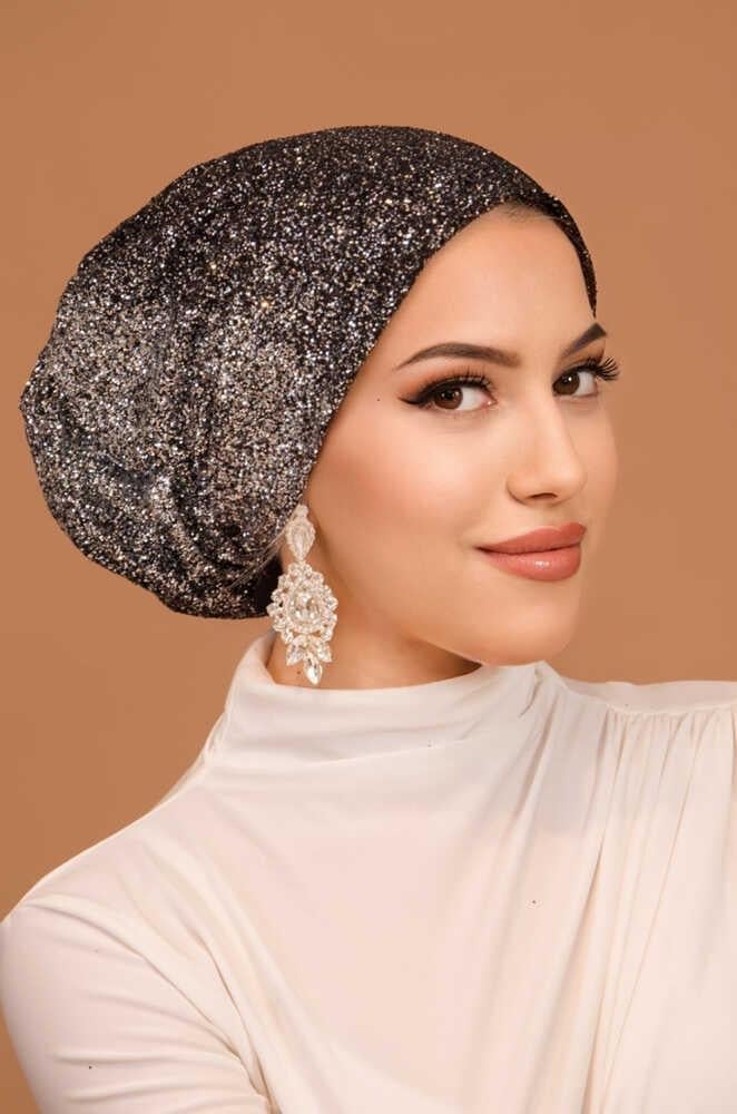 Siyah Gümüş Simli Çağla Abiye Hazır Türban Bone