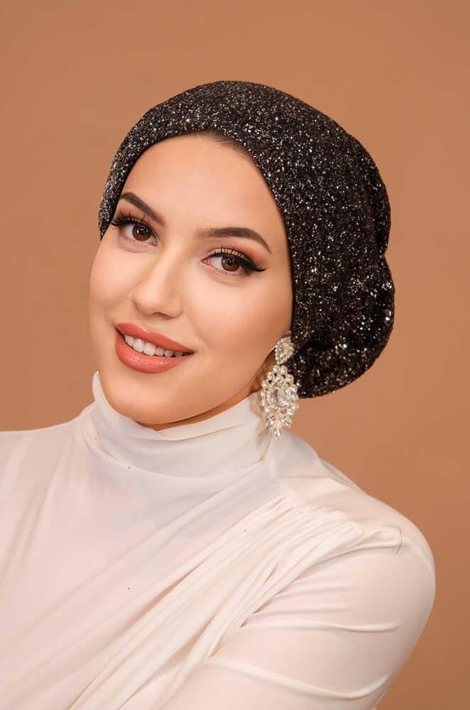 Siyah Gümüş Simli Çağla Abiye Hazır Türban Bone