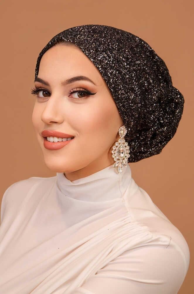 Siyah Gümüş Simli Çağla Abiye Hazır Türban Bone