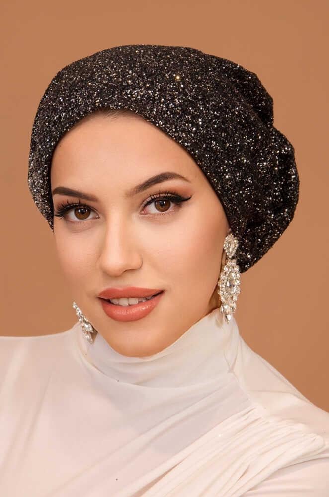 Siyah Gümüş Simli Çağla Abiye Hazır Türban Bone