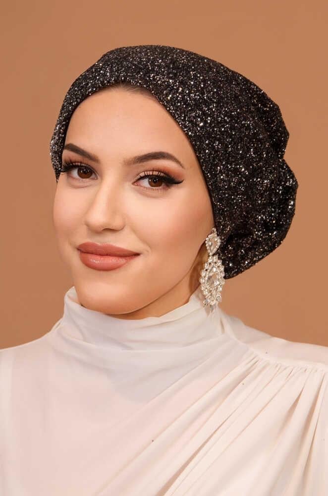 Siyah Gümüş Simli Çağla Abiye Hazır Türban Bone