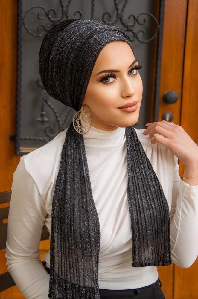 Siyah Gümüş Simli Piliseli Abiye Atkılı Bone