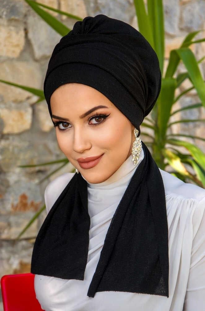 Siyah Işıltılı Atkılı Bone