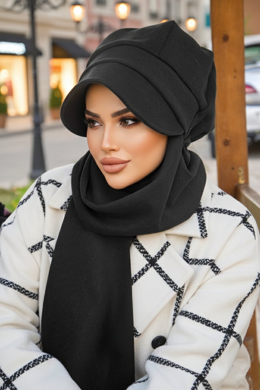Siyah Kaşe Tesettür Şapka