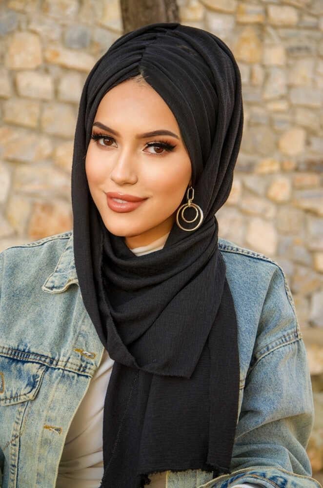 Siyah Kelebek Model Büzgülü Bone Şal