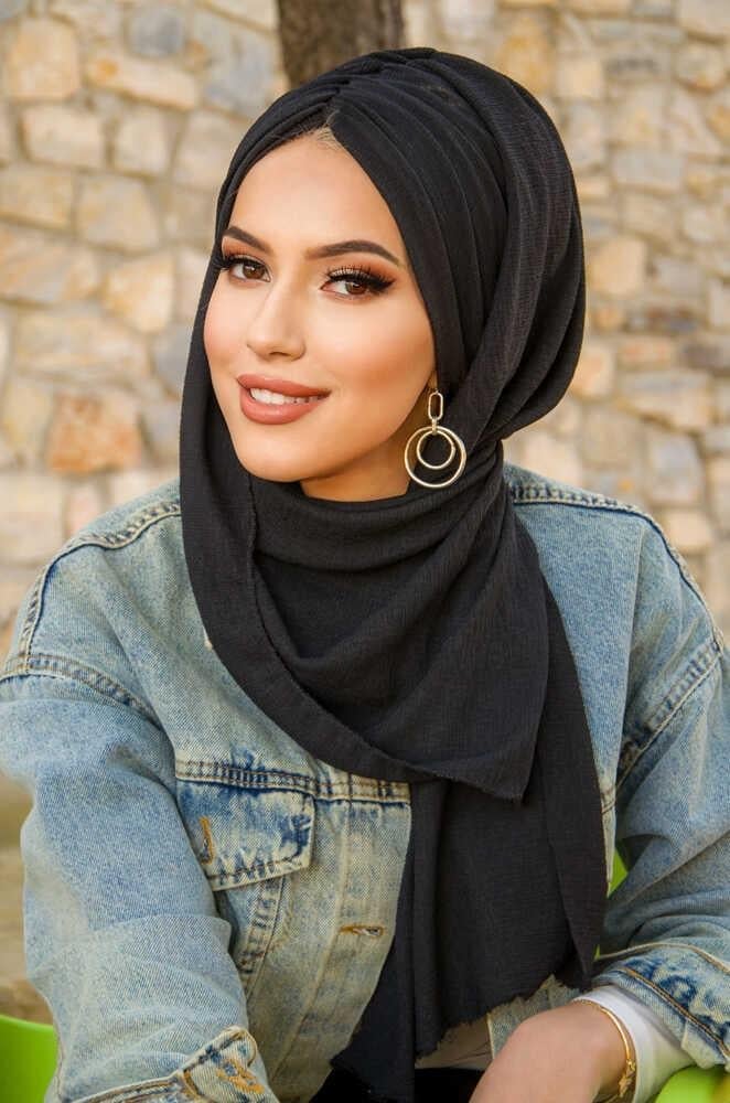 Siyah Kelebek Model Büzgülü Bone Şal