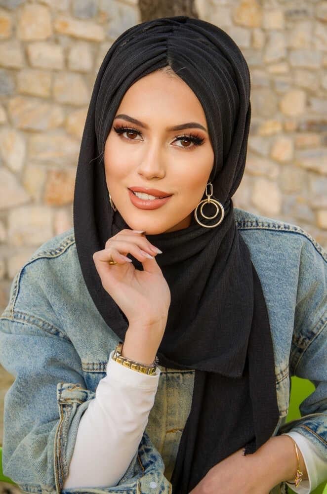 Siyah Kelebek Model Büzgülü Bone Şal