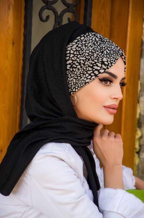 Siyah Kemik Feminen Desenli Hazır Şal