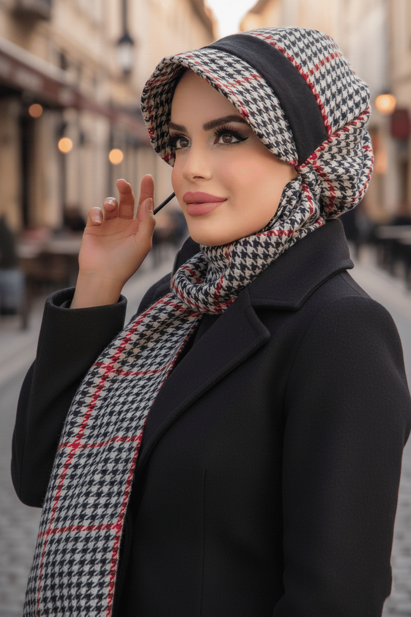 Siyah Kırmızı Detay Kazayağı Desen Tesettür Şapka