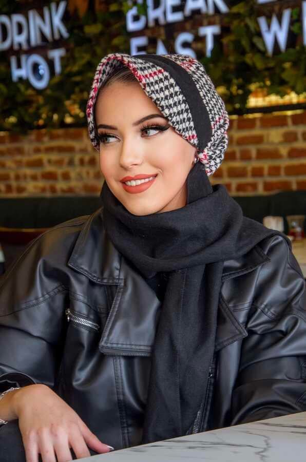 Siyah Kırmızı Kazayağı Desen Tesettür Şapka
