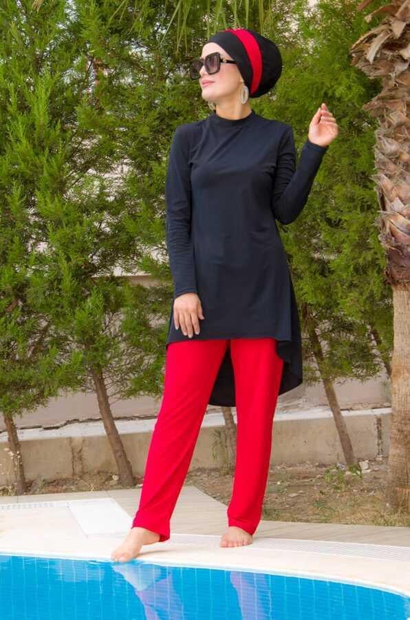 Siyah Kırmızı Tesettür Mayo