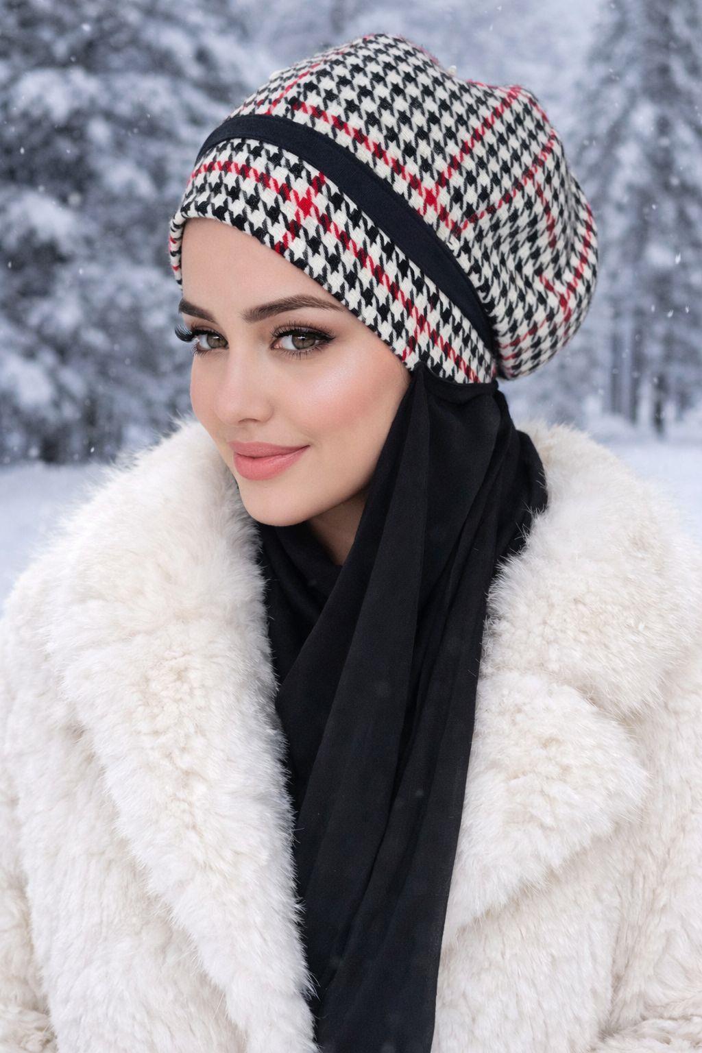 Siyah Kırrmızı Kazayağı Tesettür Bere Şal