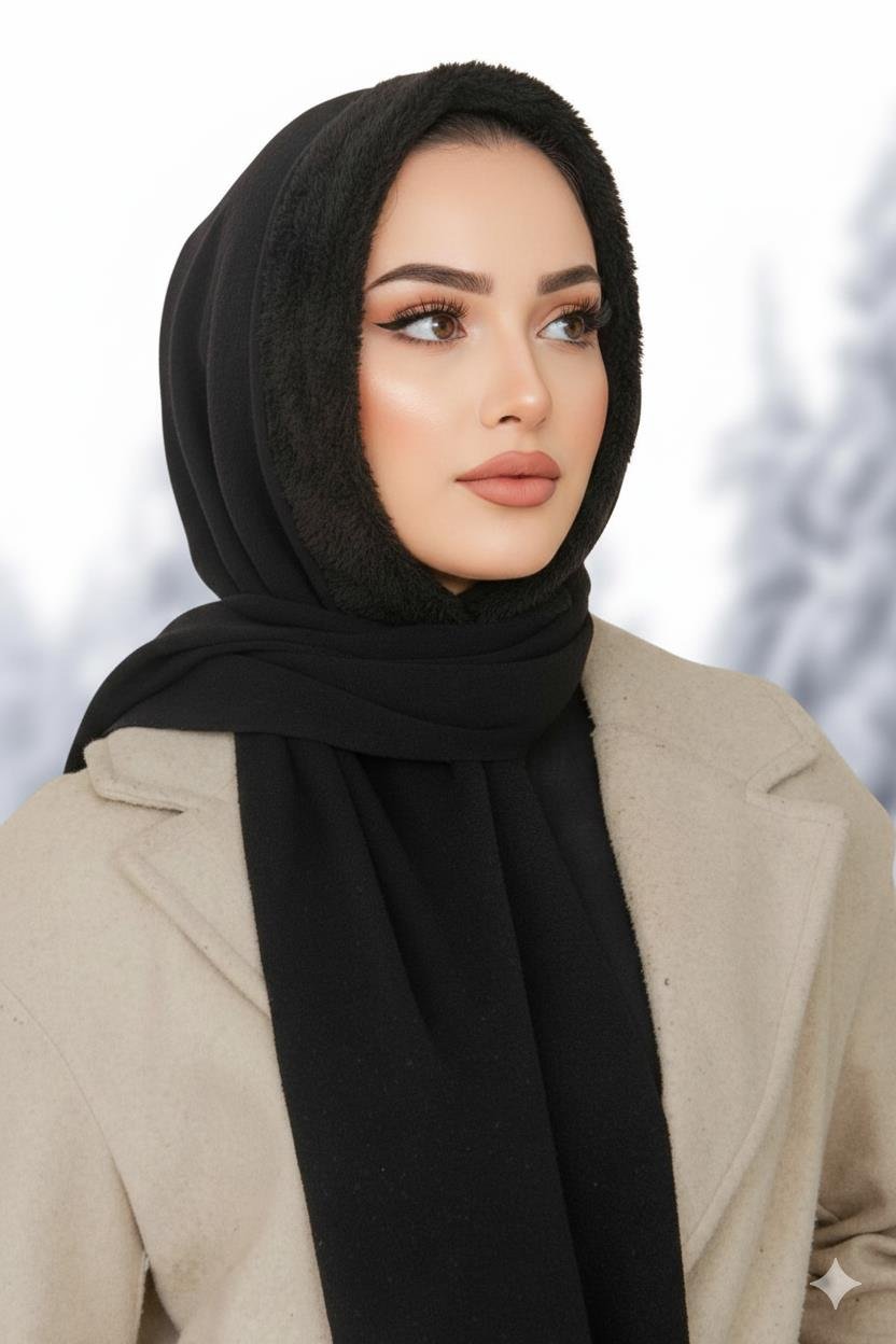 Siyah Kürk Kapüşonlu Çıtçıtlı Şal