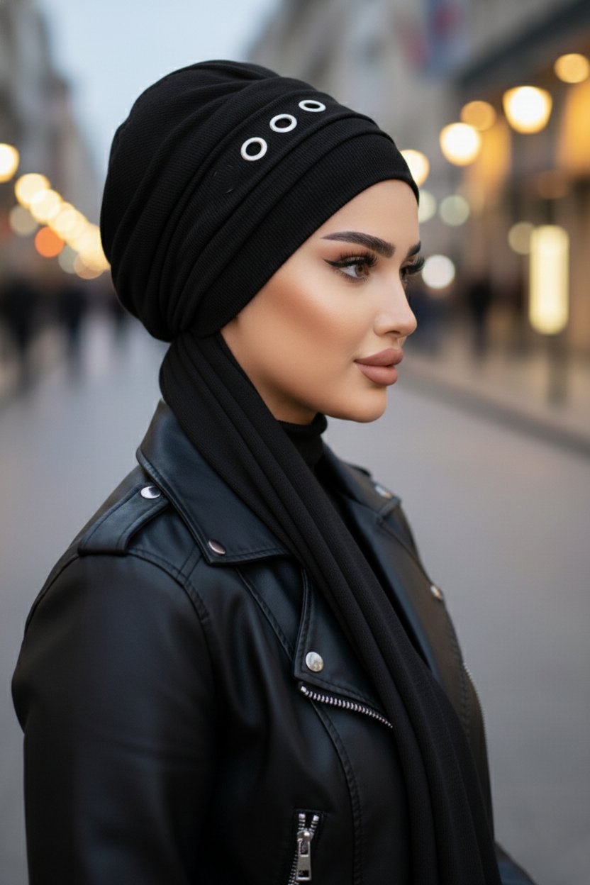 Siyah Metal Detaylı Atkılı Bone