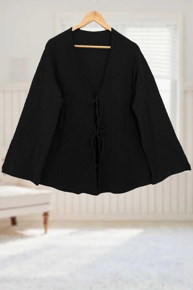 Siyah Önü Bağlamalı Kimono Tunik / Likralı Ütü İstemez Kumaş