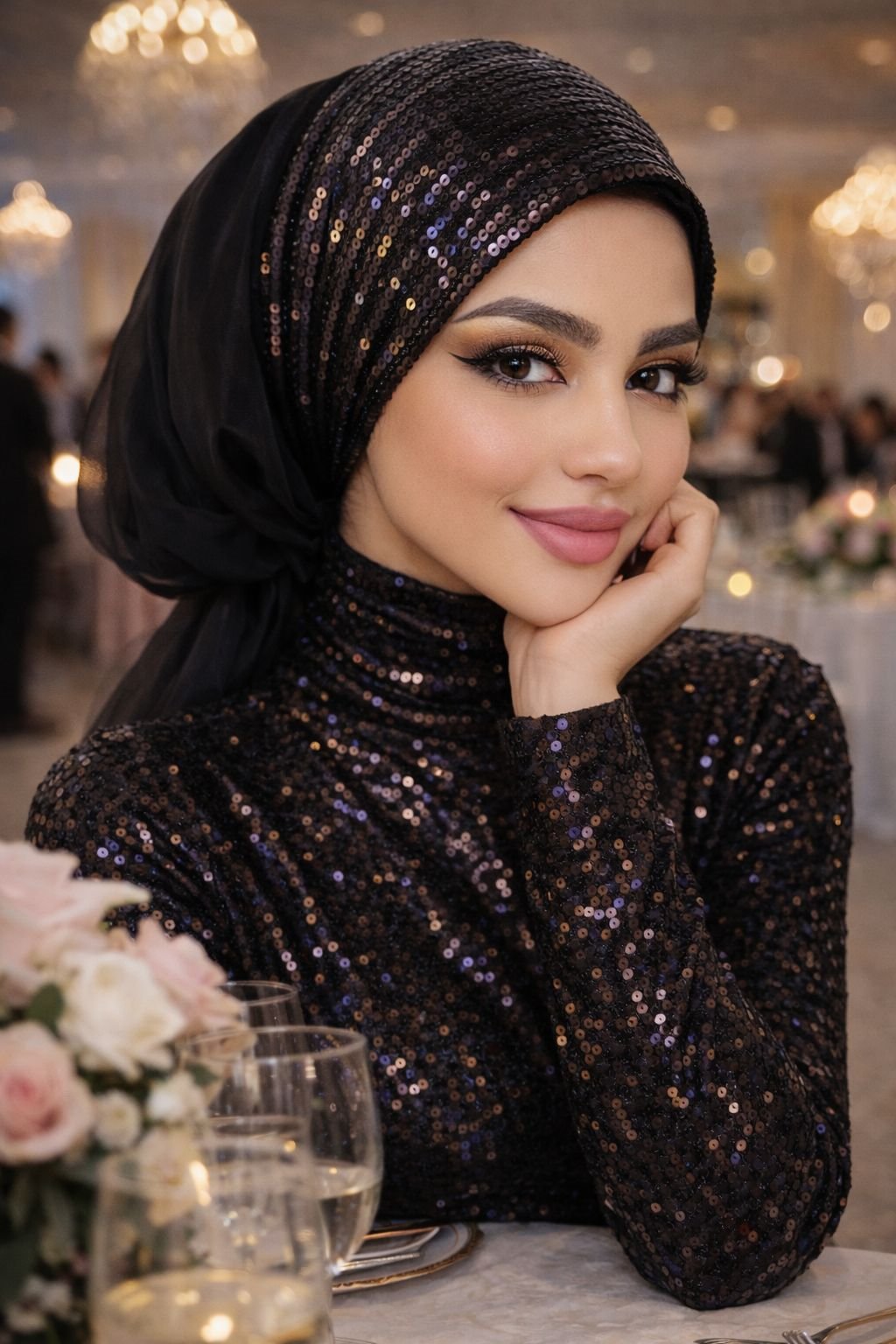 Siyah Payetli Abiye Tokalı Bone