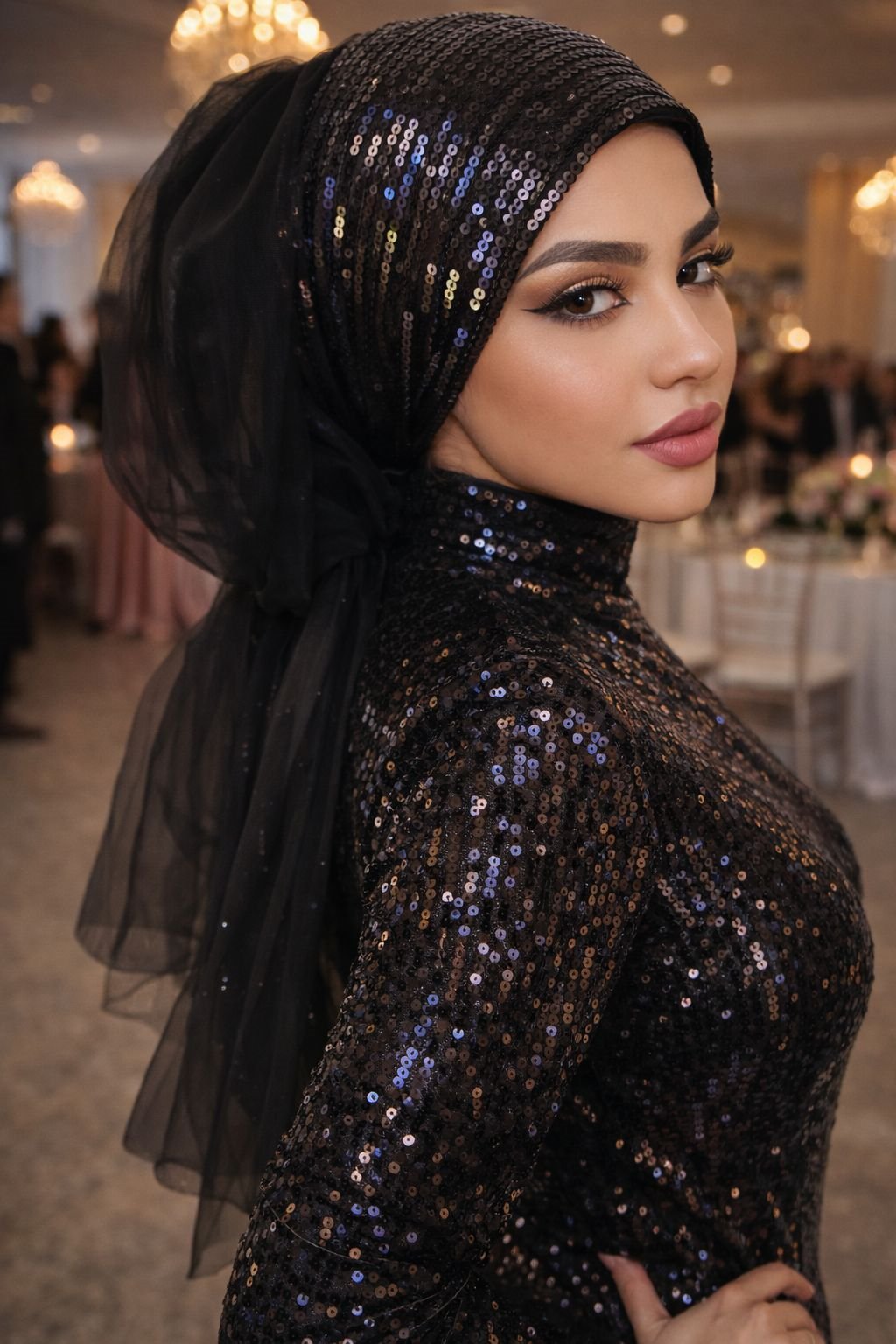 Siyah Payetli Abiye Tokalı Bone