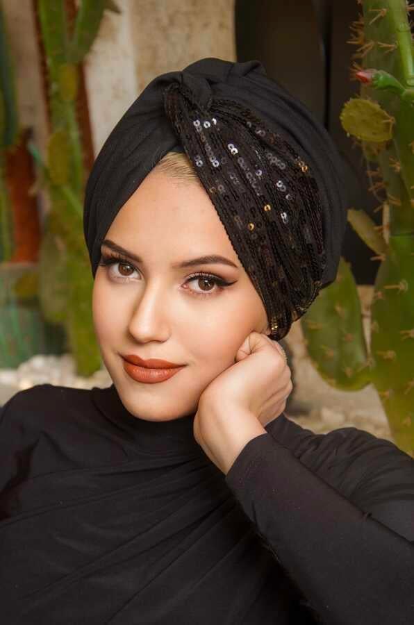 Siyah Payetli Burgu Model Dolgulu Tesettür Abiye Bone