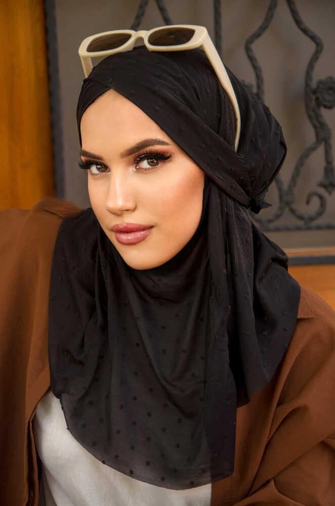 Siyah Ponpon Çapraz Bantlı Medium Size Hijab - Hazır Şal