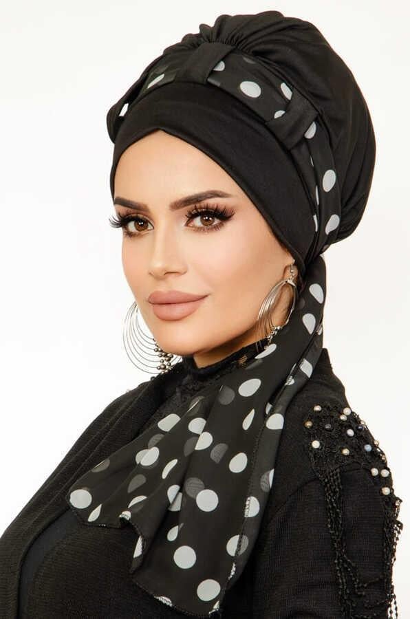 Siyah Puan Desen Fularlı Bone