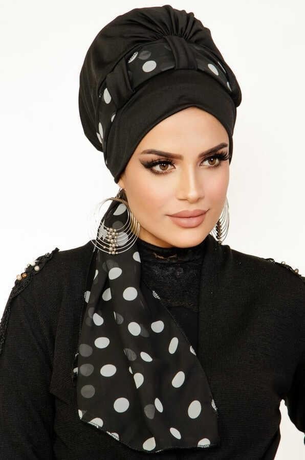 Siyah Puan Desen Fularlı Bone