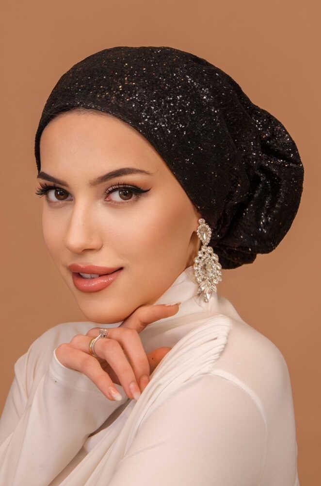 Siyah Simli Çağla Abiye Hazır Türban Bone