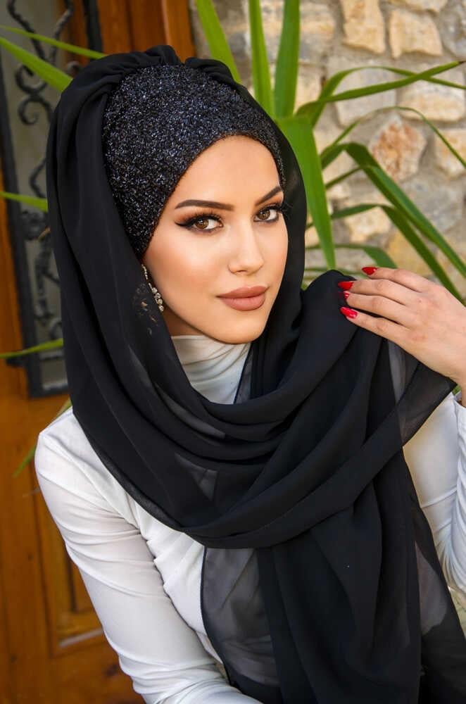 Siyah Simli Hazır Abiye Şal