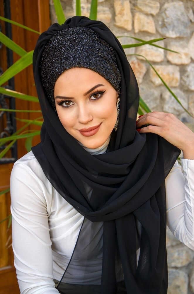 Siyah Simli Hazır Abiye Şal