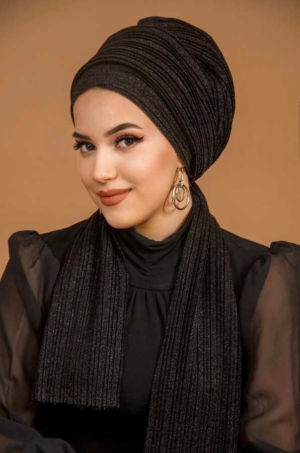 Siyah Simli Piliseli Abiye Atkılı Bone