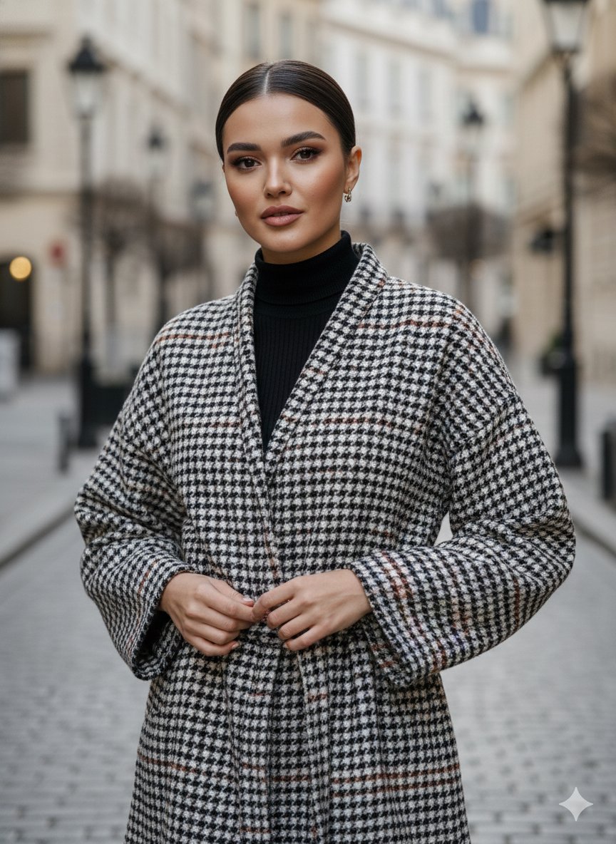 Siyah Taba Kaşe Kazayağı Desen Kuşaklı Kimono Ceket / Kışlık Ürün