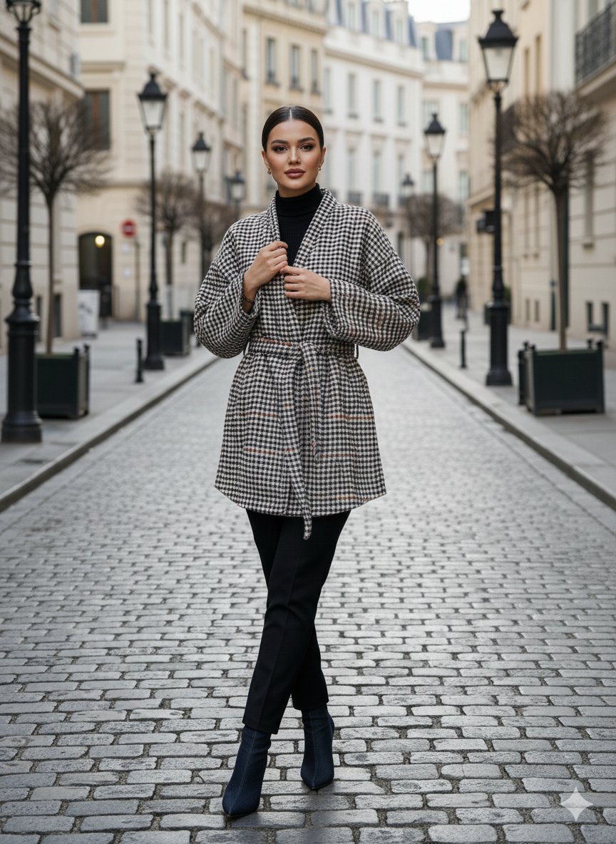 Siyah Taba Kaşe Kazayağı Desen Kuşaklı Kimono Ceket / Kışlık Ürün