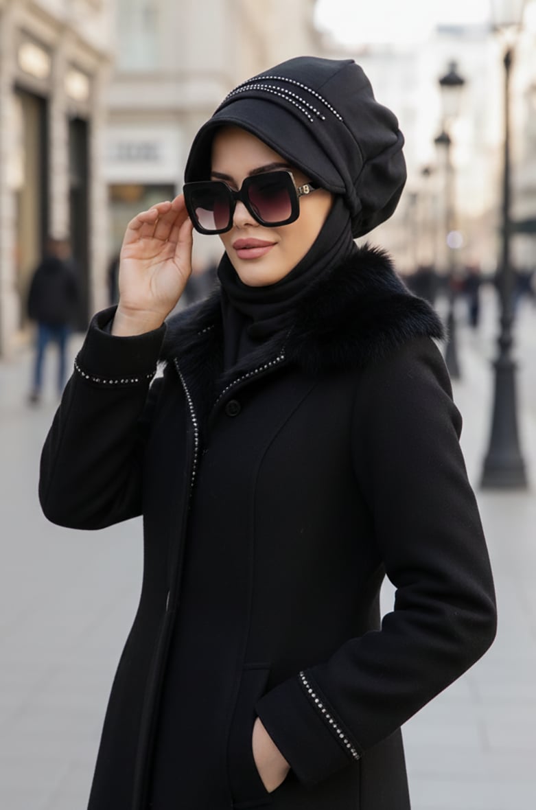 Siyah Taş Detaylı Tesettür Şapka