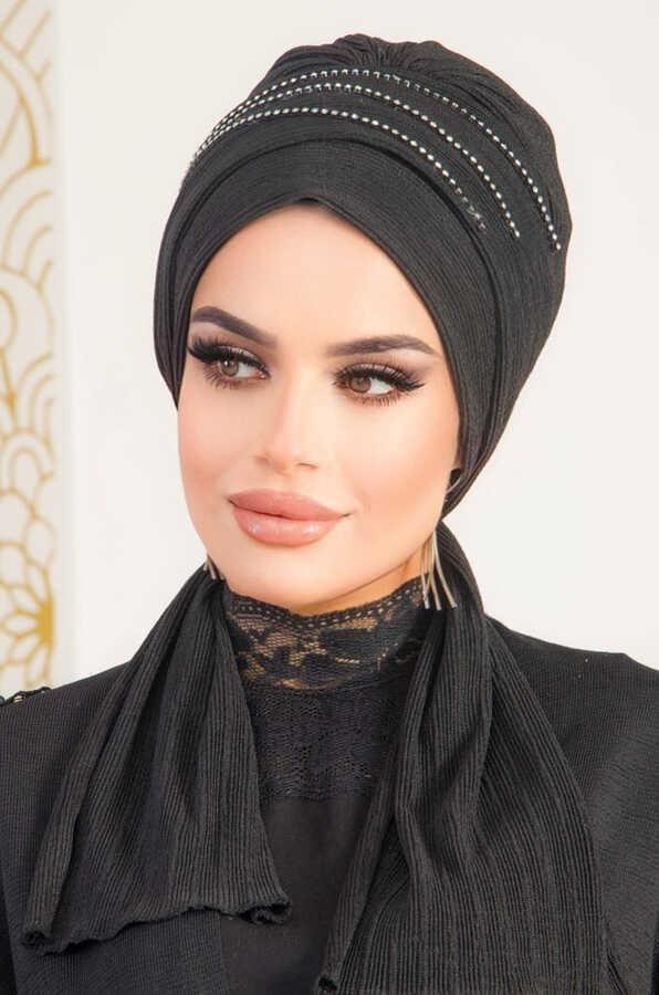 Siyah Taşlı Atkılı Abiye Bone - 60101