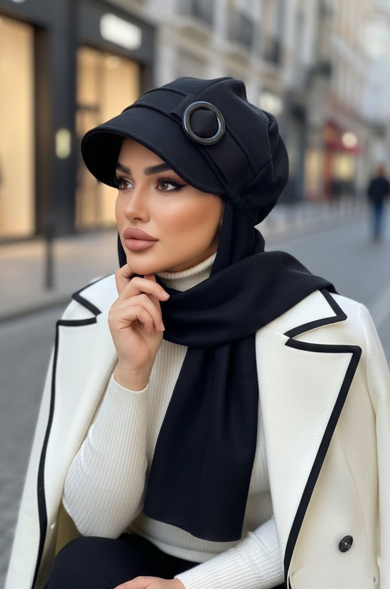 Siyah Tokalı Tesettür Şapka