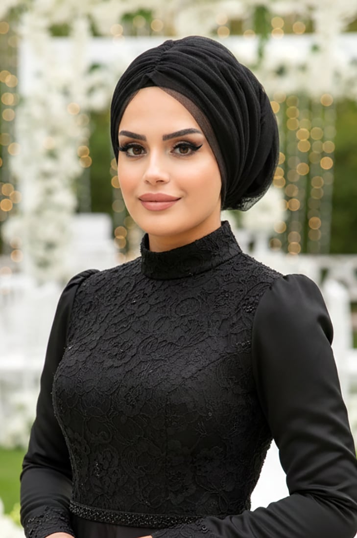 Siyah Tül Büzgülü Dolama Bone