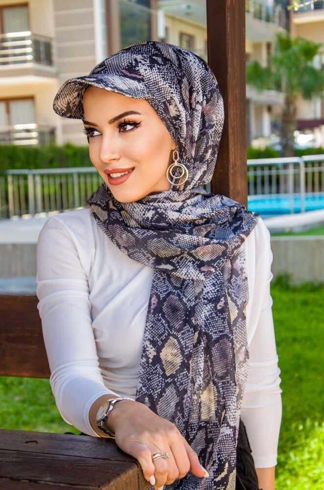 Siyah Yılan Derisi Desen Kepli Bandana Şapka Şal