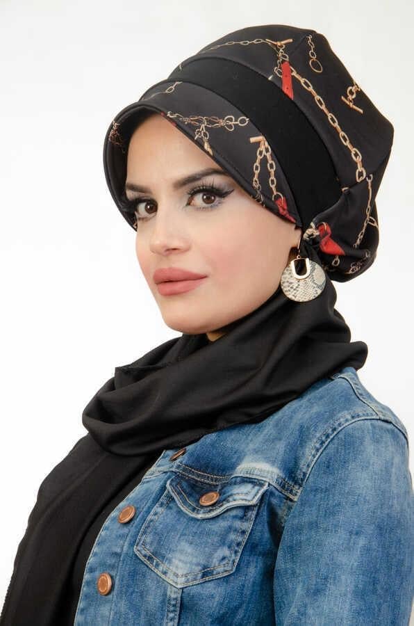 Siyah Zincir Desen Tesettür Şapka