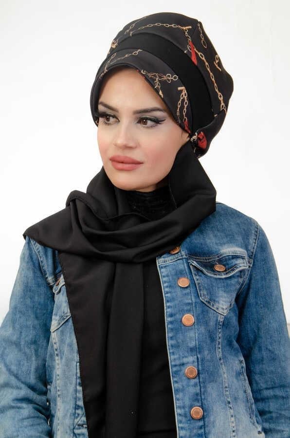 Siyah Zincir Desen Tesettür Şapka