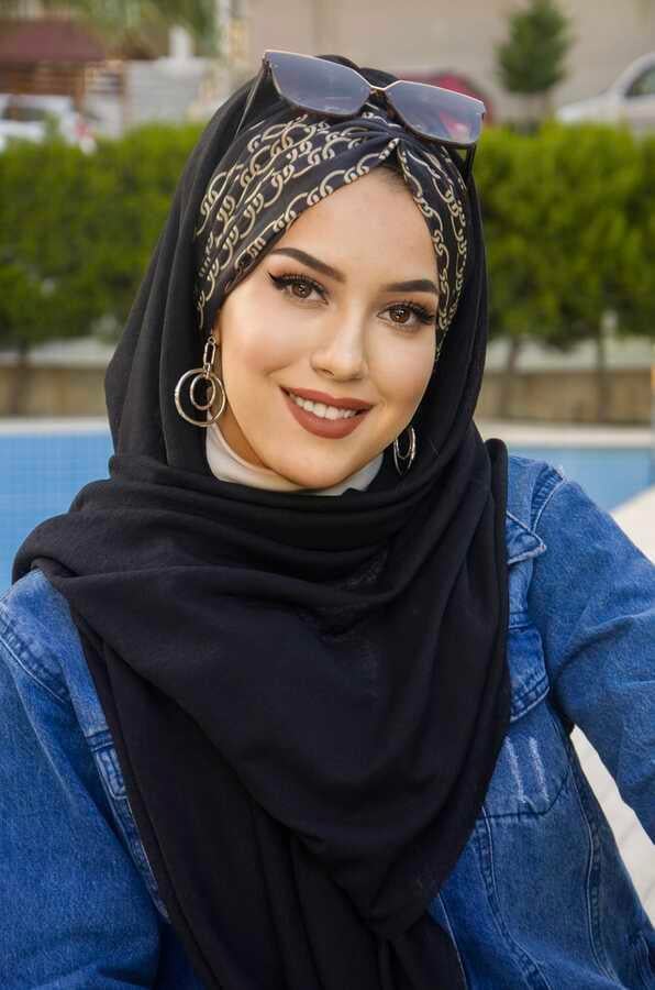 Siyah Zincir Desenli Büzgülü Hazır Şal