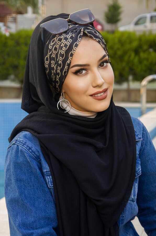 Siyah Zincir Desenli Büzgülü Hazır Şal