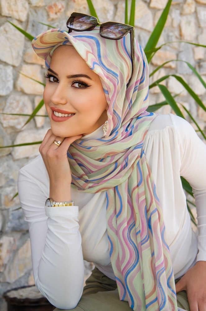 Soft Renkler Geometrik Desen Kepli Bandana Şapka Şal