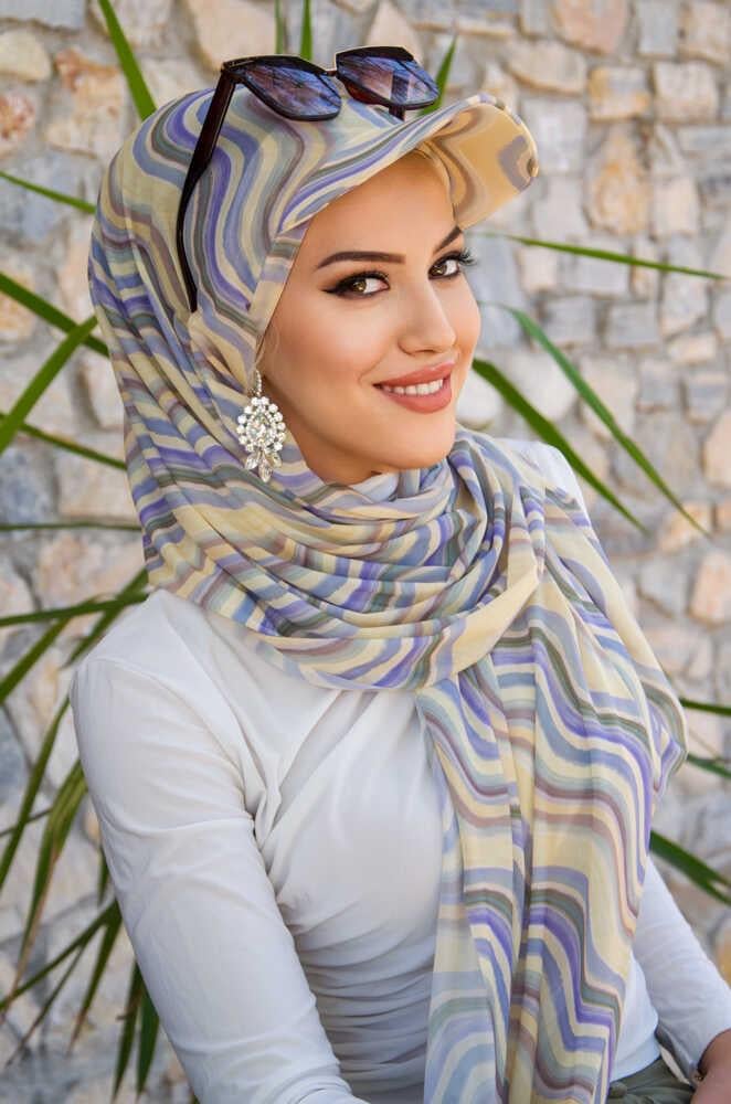 Soft Tonlar Geometrik Desen Kepli Bandana Şapka Şal