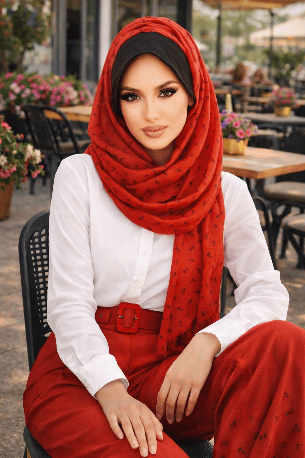 Taba Çiçek Baskılı Şapkalı Şal