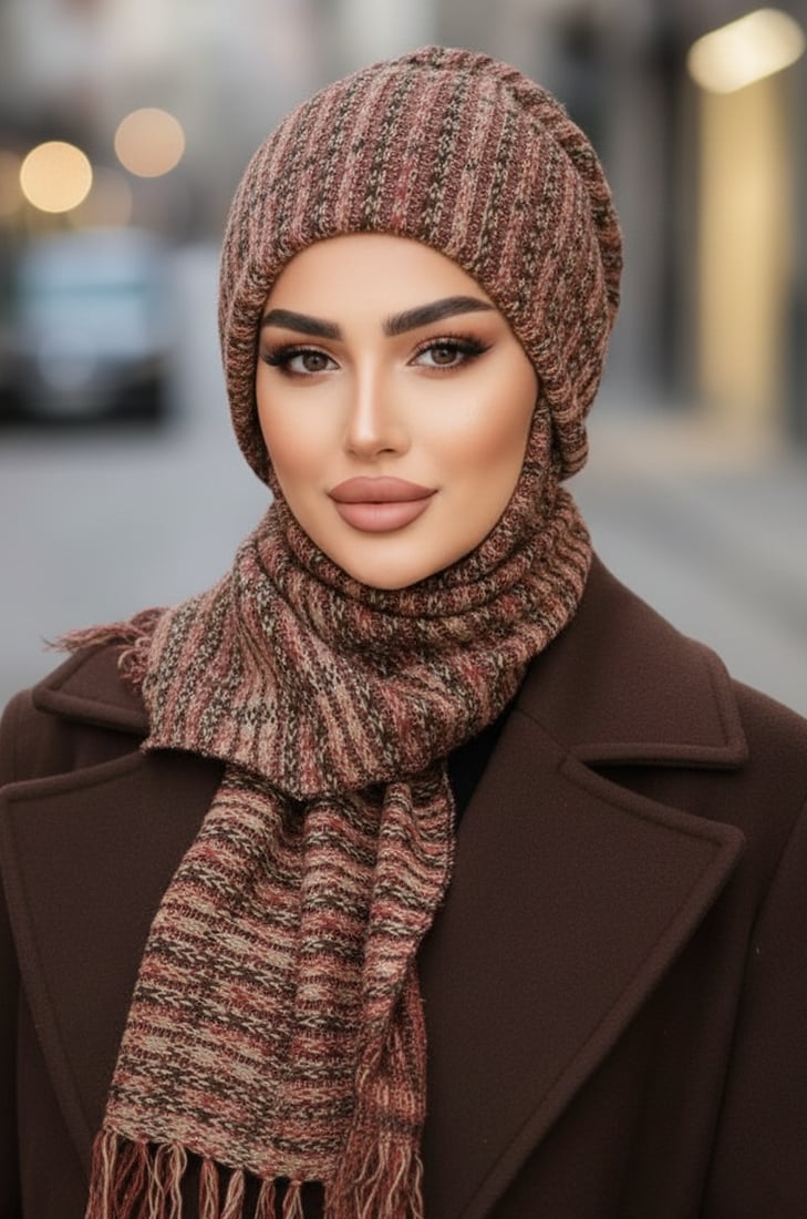 Taba Çizgili Triko Kelebek Bone Şal