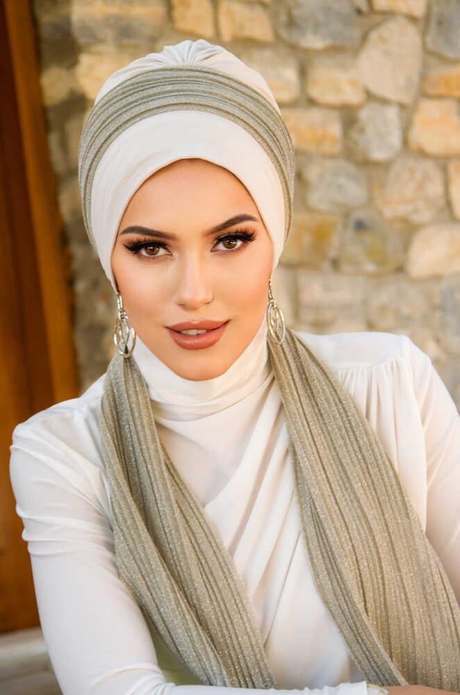 Taş Bej Pilise Desen Fularlı Bone