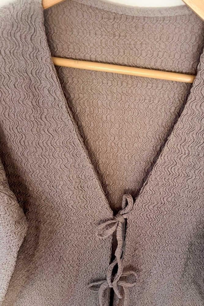 Taş Rengi Önü Bağlamalı Kimono Tunik / Likralı Ütü İstemez Kumaş